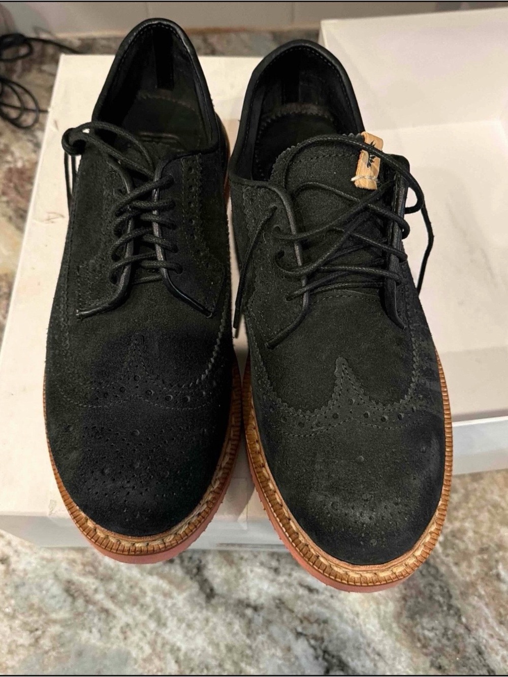 Visvim men- Black Suede Wingtip Derby with Brown Crepe Sole